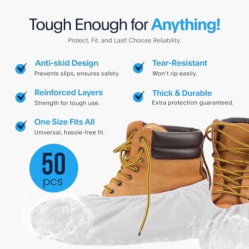 Image of Premium Disposable Boot & Shoe Covers Booties | 50 Pack | Durable, Non-Slip, Non-Toxic, Water Resistant, Recyclable Protectors for Indoor & Outdoor | Large Size Fits Most Shoes