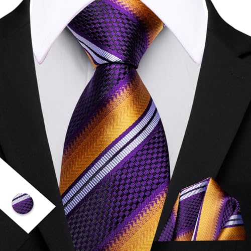 Image of Barry.Wang Mens Tie Set Plaid Check Neckties Formal Business Wedding Luxury Pocket Square Cufflinks