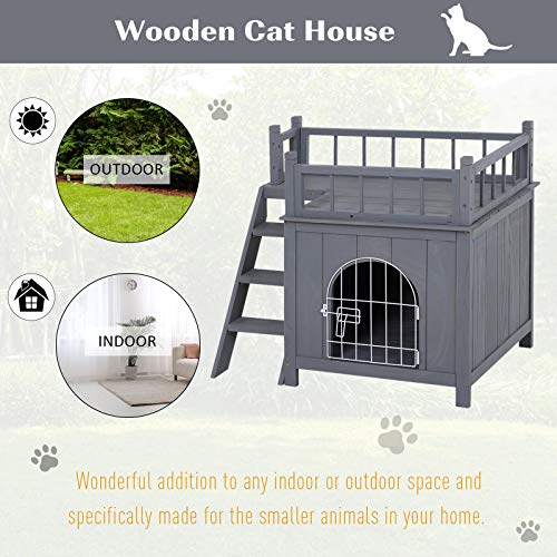 PawHut 2-Level Wooden Cat House, Outdoor Dog Shelter Cat Condo with Lockable Wire Door and Balcony, Grey - Image 4
