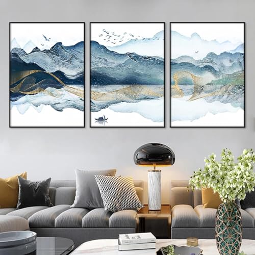Affiches sur toile aquarelle bleu or KEBIA oiseau de lac paysage montagne triptyque 60x80