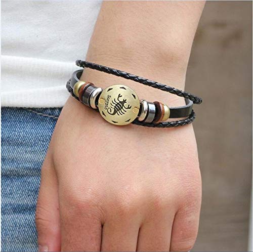 Preisvergleich Produktbild Armbänder Konstellationen,Skorpion 12 Sternbild Sternzeichen Geflochtenes Leder Armband Punk Männer Armband Vintage Krebs Löwe Jungfrau Waage Holzperlen Bügeleisen Gallstone Geschenk Vom Freund