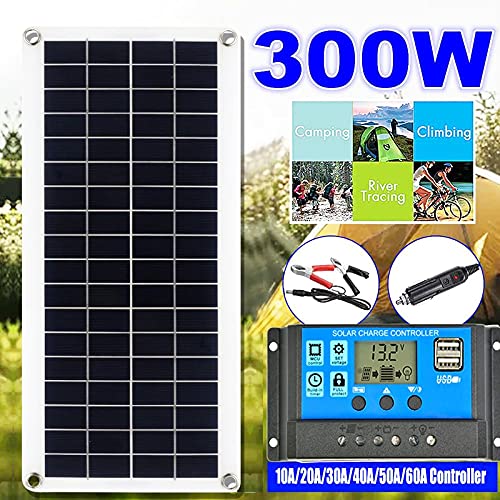 Kit de panel solar, kit completo de panel solar, 300 W, 12 V, USB con controlador de 10-60 A, células solares for coche, yate, RV, barco, cargador de batería de teléfono móvil (con controlador de 60 A
