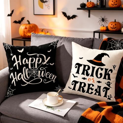 Gujiahone Halloween Pillow Covers 18 x 18 Set of 4 -Linen Print Thanksgiving Sofa Pillow Cover -Happy Halloween Cushion Case for Holiday Party Living Room Bedroom Home Fall Decorative - image 5