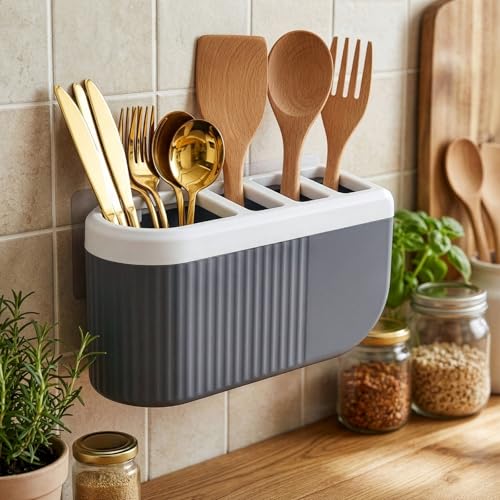 Image of HAPPI Self-Adhesive Wall-Mount Kitchen Cutlery Holder, Knife Stand, Spoon /Fork /Chopstick Storage Rack Organizer Box (4-Compartments)