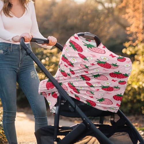 Image of Breast Feeding Cart Baby Car Seat Covers Canopy Cover, Pink Strawberry Nursing Cover and Carseat Cover, Shopping Cart Cover for Baby