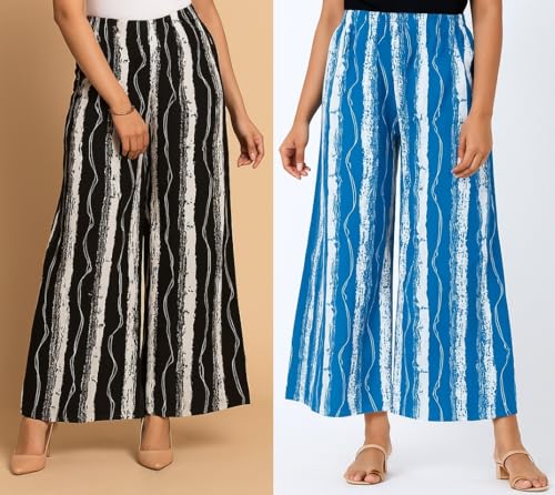 Image of PI World Printed Striped Western Mid Rise Palazzo /Trouser /Pant for Women /Girls Combo 2 (Waist 28 Inches to 36 Inches)