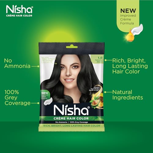 Image of Nisha Cream Hair Colour Natural Black 40g (Pack of 4) | Full Grey Coverage | Long-Lasting Hair Color Cream | Smooth & Even Application