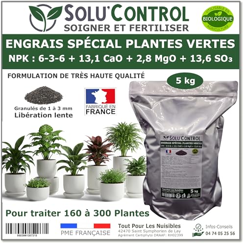 5 kg d'Engrais Spécial Plantes Vertes 6-3-6 - Croissance, Feuillage Dense & Vitalité - Formulation Organo-Minerale - Libération Lente - Convient Plantes Intérieur & Extérieur - Fabriqué en France