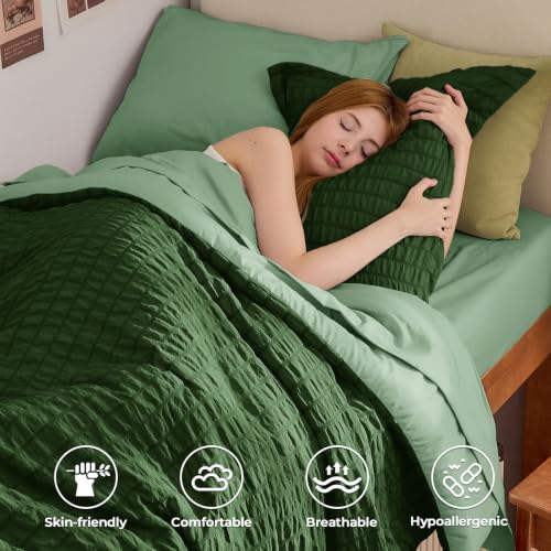 Image of HYMOKEGE Dark Green /Sage Green Twin XL Comforter Set Seersucker 5 Pieces, All Season Luxury Bed in a Bag for Bedroom, Bedding Set with Comforter, Sheets, Pillowcase & Sham