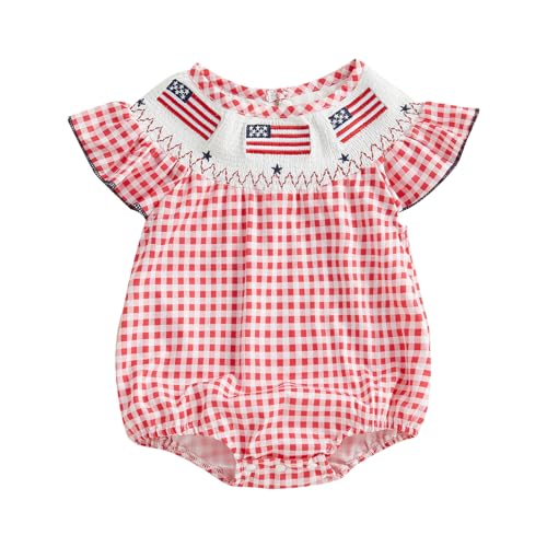 4th Of July Baby Girl Outfit Newborn Smocked Bubble Romper Infant USA Flag Bodysuit Top Summer Patriotic Clothes (A USA Flag Plaid Red, 0-3 Months)