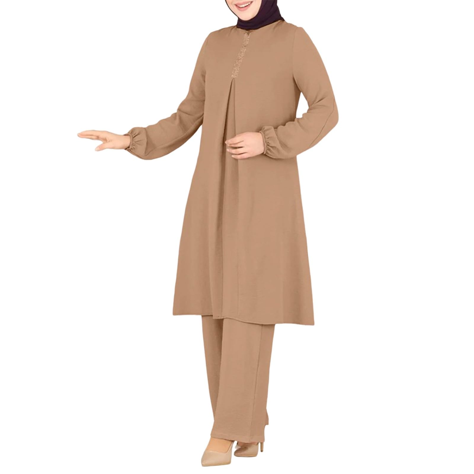 Generisch Damen Muslimische 2-Teilige Sets Langarm Button Down Hemd Hose Abaya Freizeitkleid Dubai Outfits Gebetskleidung Frauen Türkisch Lang Kleider Set Islamische Burka Muslim Kleidung
