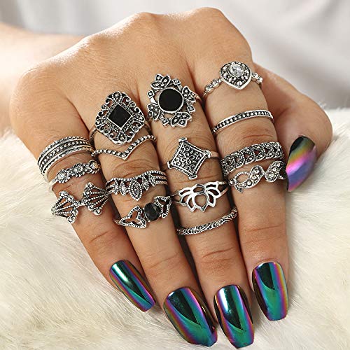 Zealmer Wave Ring Set Statement Crown V Chevron Yoga OM Flower Lotus Sunflower Midi Knuckle Rings