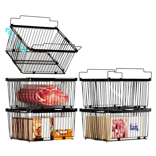 ANJUBAN Large Freezer Organizer Bins，Upgraded Bottom Leak-Proof net，Fit 5 to 9 Cu Ft Chest Freezer，5 Pack， Expandable Stackable Chest Freezer Containers with Handle (Black-5P)