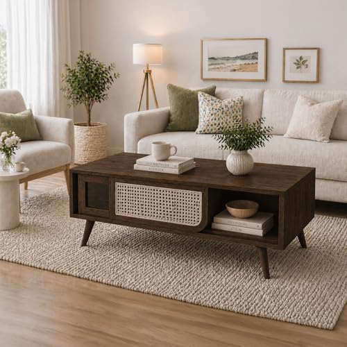 Image of The Attic INES Coffee Table for Living Room, Solid Wood Centre Table with Cane with Sliding Doors, Walnut Finish