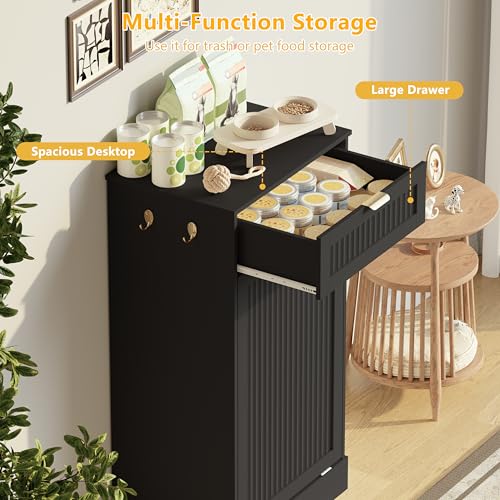 Image of Single 13 Gallon Tilt Out Trash Can Cabinet,Garbage Cabinet with Drawer | Hidden Garbage Storage with Fluted Design, Drawer & Hooks for Kitchen, Dining Room and Small Space Organization,Black