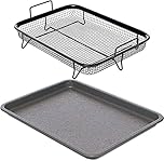 Home Icon Non-Stick Elevated Oven Grill Tray for Crispy Crisps Without Oil - Ceramic Baking Crisper Basket with Easy Cleaning - 2pc Set