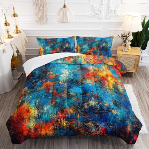 Image of AILONEN Abstract Spectrum Full Comforter Set, Turquoise Orange Artwork Bedroom Ensemble, 3 Piece Microfiber Down Alternative Fill for Adults Apartment Residents