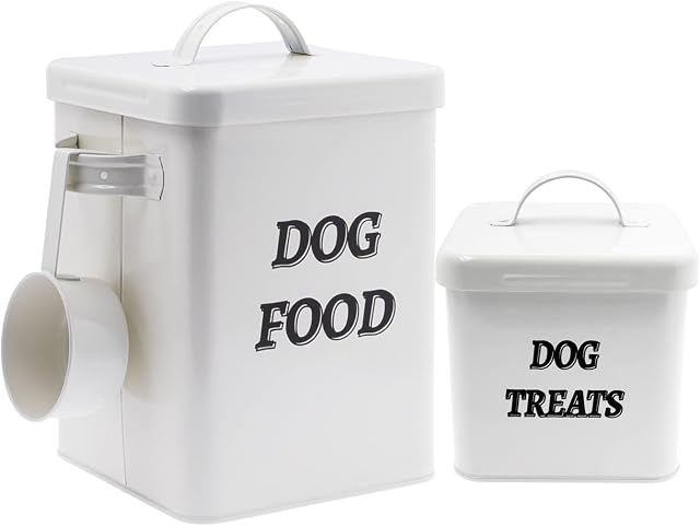 Pet Treat Container with Scoop for Cats or Dogs - Coated Carbon Steel - airtight Food Container (LE_002)