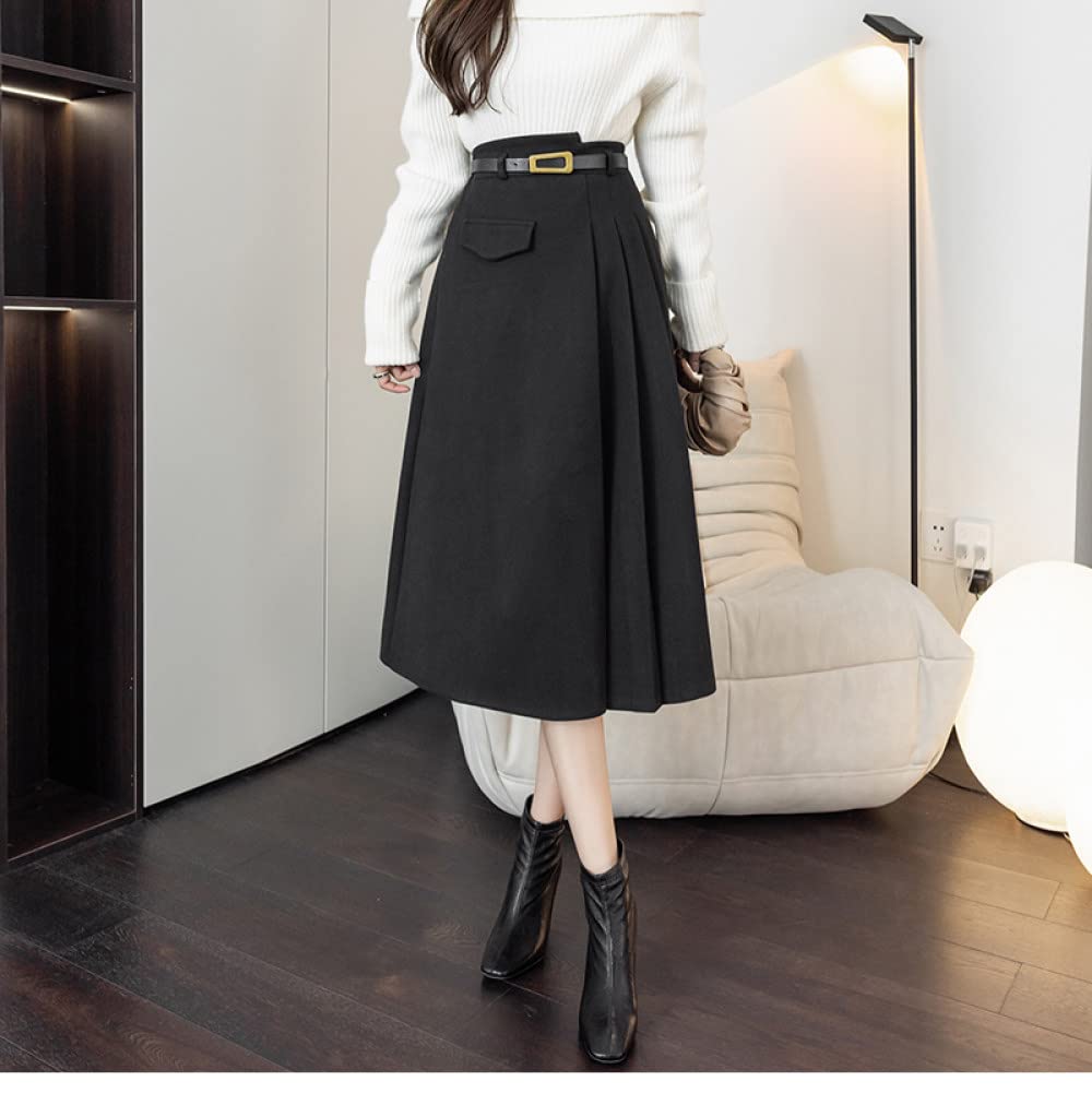 Gonne Invernali Donna, Gonne Invernali Nere Spesse con Cintura Gonna A Vita Alta Elasticizzata A Trapezio Gonne Midi Casual per Donna Elegante Gonna Ampia A Balze A Pendolo