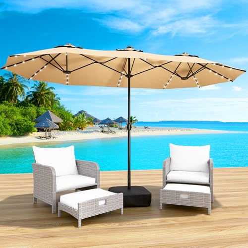 LEVELEVE 15FT Large Patio Patio Umbrella with Base & Solar LED Lights -...