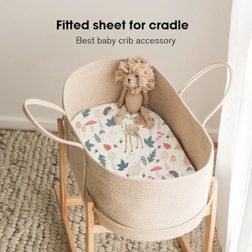 Image of Little Grape Land Bassinet Sheets 3 Pack, 33 inch x 18 inch Fitted Bassinet Sheets Up to 4 inch Deep Pocket, Ultra Soft Baby Bassinet Fitted Sheets for Bassinet Mattress, Forest Friends