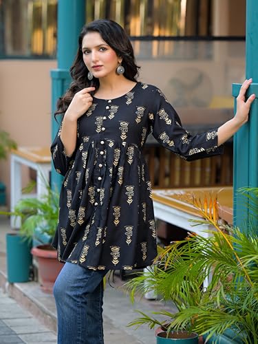 Image of Women's Black Printed Cotton Top | Round Neck, 3 /4 Sleeves & Flared Fit | Casual Wear