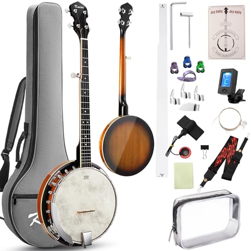 Image of Banjo, Kmise 5 String Beginner Banjo 38 inch Full Size with Remo Head Closed Back with Removable Resonator, Tuner, Strings, Finger Picks, Strap, Bag, Accessories Set Gift Choice for Adults Beginner