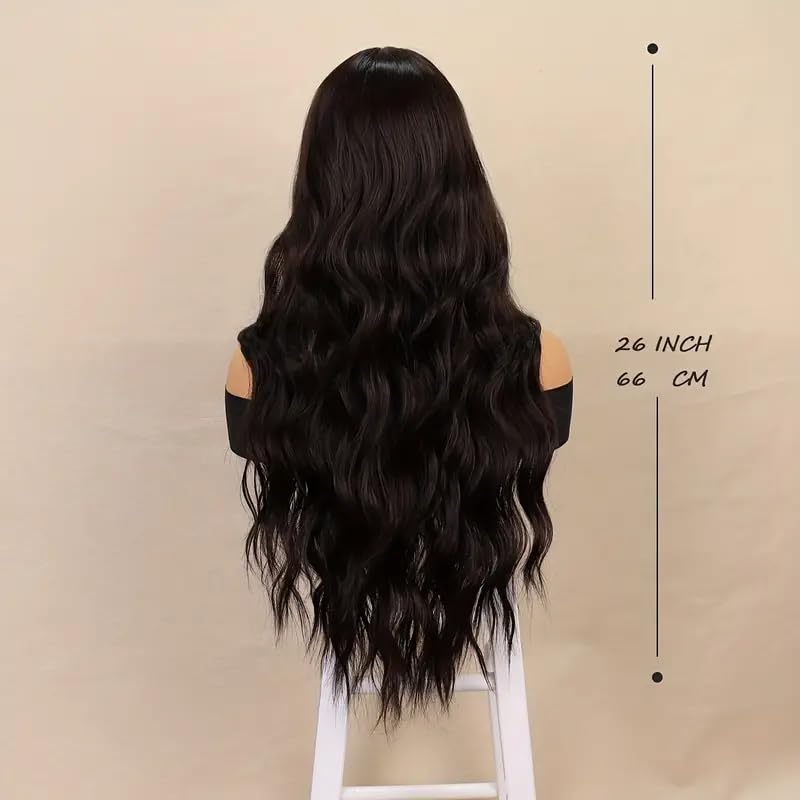 Image of Wavy Hair Wig For Women Dark Brown | Heat Resistant Synthetic Hairs | Long Hairs | Natural hairs Wigs | 26 Inch Long Hairs | Washable | WigCap & Hair Brush (pack of 1)
