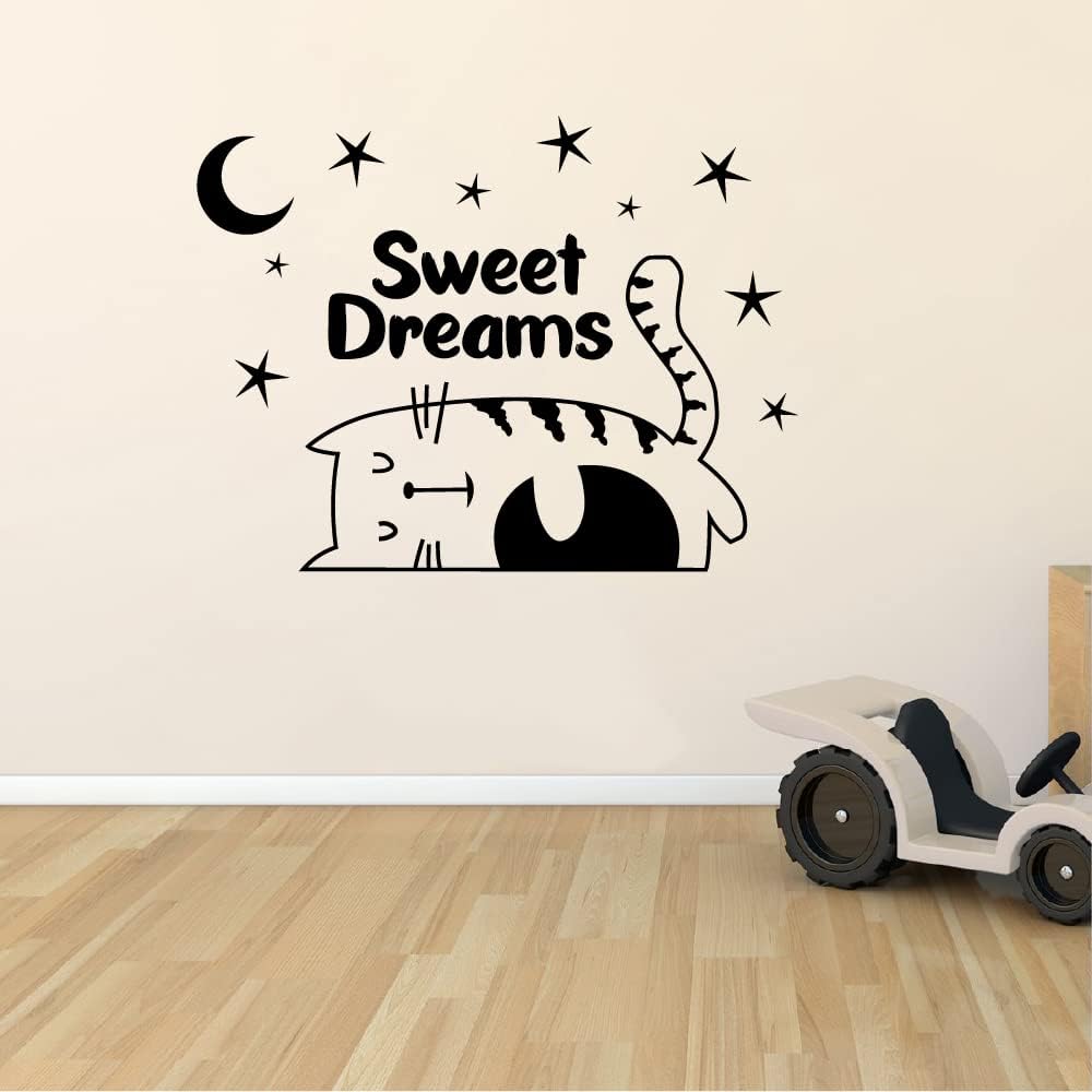 Sleepy Cat Kitty Sweet Dreams Good Night Dream Quotes Cute Sleeping Vinyl Design Wall Sticker Art Decal Boys Girls Kids Toddler Room Bedroom Nursery Kinder Decors Stickers Decoration Size (28x30 inch)