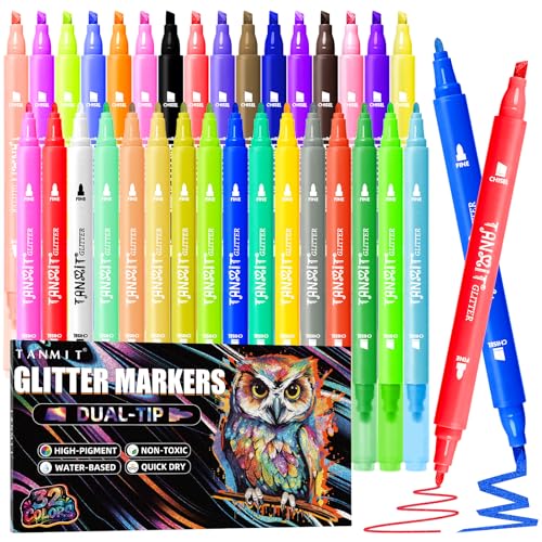 TANMIT Glitter Markers Pens 32 Colors Dual Tip Glitter Pens Set Glitter Markers for Adults Coloring Books DIY Crafts Journals Planners Scrapbooking & Card Making(Fine Tip and Chisel Tip)
