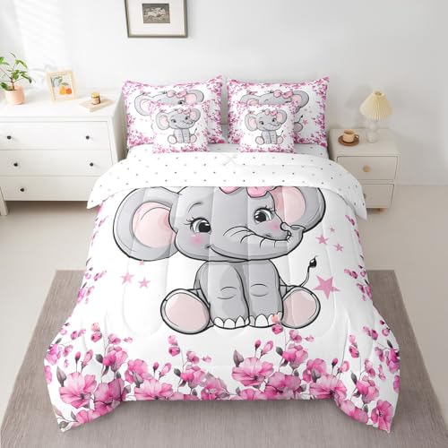 Homewish Elefanten-Baby-Bettwäsche-Set mit Bettlaken für Jungen und Mädchen, Schlafzimmerdekoration, rosa Blumendruck, Bett in einer Tasche, weich, wendbar, niedlicher Elefant, 7-teiliges