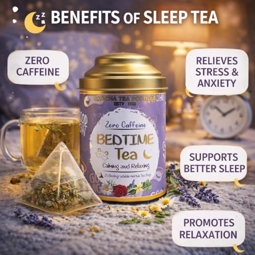 Image of Sancha Tea Boutique Bedtime Tea | Caffeine-Free Herbal Tisane | 25 Pyramid Bags | Blend of Vanilla, Lavender, Chamomile & Rose | Supports Sleep