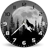 Horienteeon Orologio da parete con lupo e luna, in legno, 25 cm, funzionamento a batteria, senza ticchettio, regalo unico e divertente, per soggiorno, cucina, bagno, camera da letto, lavanderia