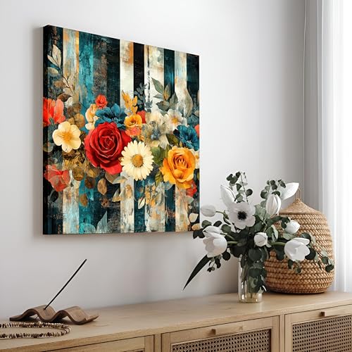 Image of PAINTINGMANTRA Vintage Floral Roses Stretched Canvas Painting for Living Room | Botanical Flower Artwork Wall Decor Art For Livingroom, Bedroom, Office, Hallways - 22x22 Inch