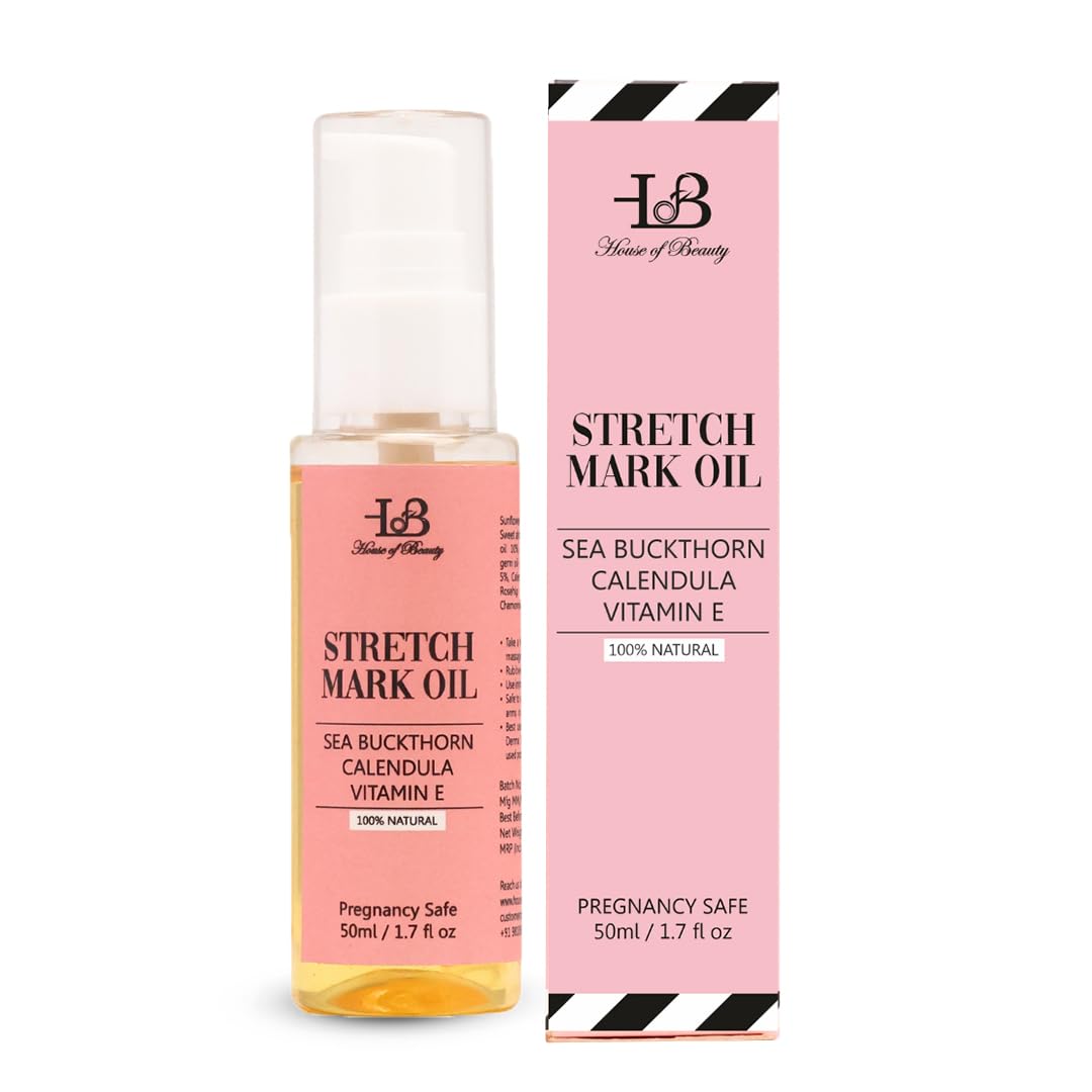House of Beauty Stretch Mark Oil with Sea Buckthorn, Calendula & Vitamin E For Face & Body – Hydrating & Nourishing Formula for Pregnant women stretch marks, Scars & Dry Uneven Skin, Suitable All Skin Types - 50 ml