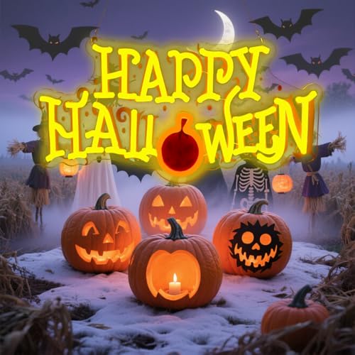 Image of Happy Halloween Neon Sign | Party Welcome Sign, Front Door /Bedroom /Home /Yard, USB Powered, 16.5x8.6 Inches