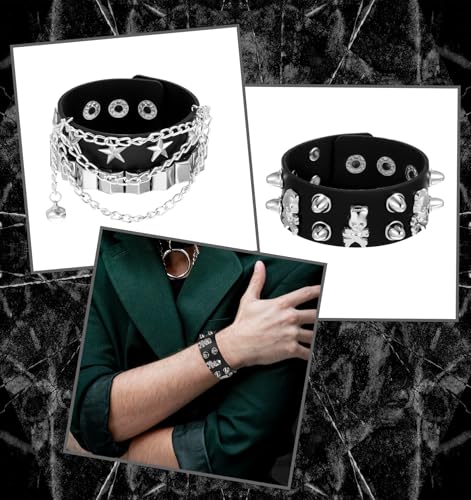 2 Pcs Punk Bracelets, Studded Bracelets Set with Spiked Leather Cuff, Adjustable Emo & Rock Wristband for Men Women (Black)4