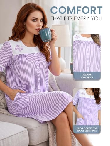 Image of Casual Nights Women's Snap - Front House Dress Short Sleeve Woven Housecoat Duster Lounger Robe with Pockets