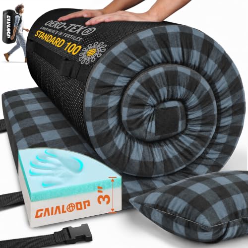 Image of GAIALOOP 3 Inch Memory Foam Camping Mattress, Dual Layer Thick Sleeping Camp Pad for Car Tent Cot, Roll-Up Portable Glamping Floor Bed for Guests Sleepover
