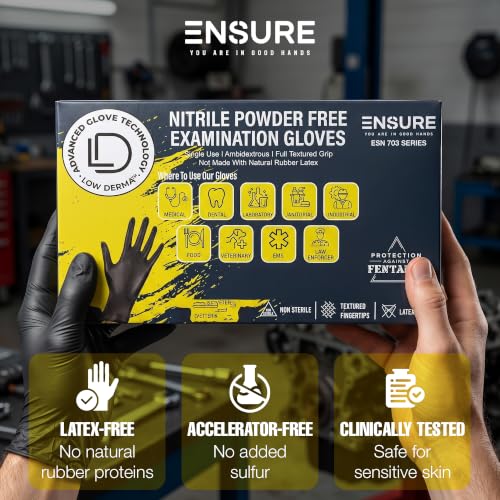Image of Ensure Black Nitrile Gloves Heavy-Duty Texture Grip Low Derma Patented