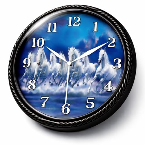 Image of AmeraKart- 7 Running White Horses Analog Wall Clock 10 Inch - Vastu Inspired Positive Energy Horse Wall Decor I Free Adhesive Hook | No Drill Installation I Living Room, Office Cabin & Home (Blue)