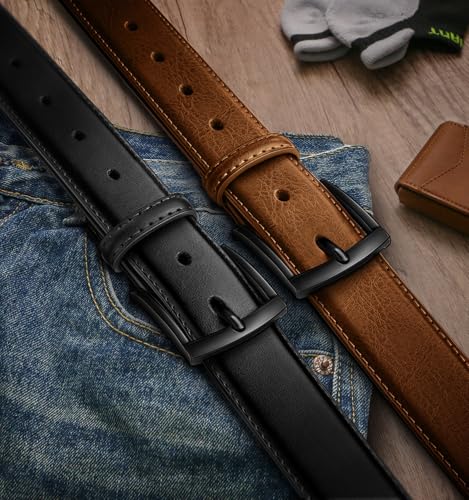 Image of BULLIANT Men Belt 2Pack-Leather Belt 7Holes Comfortable For Men's Dress Casual Jeans 1 3 /8 inch