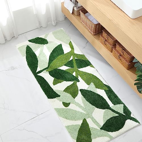 Gibelle Extra Long Bathroom Rug 24"x60", Green Leaves Extra Large