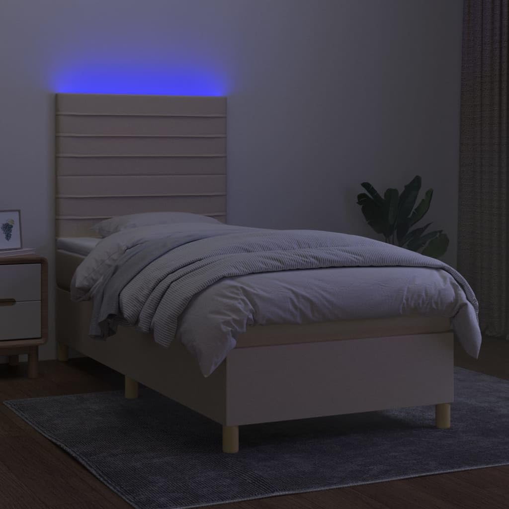 Tkanina z regulowanym zagłówkiem LED 90x190 cm kremowy | Łóżko kontynentalne z materacem sprężynowym i LED, kremowe 90x190 cm, tkanina, zagłówek regulowany, zestaw do sypialni