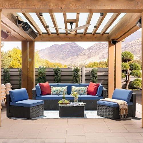 Image of 5 Seater Outdoor Patio Conversation Set Rattan&Wicker Sofa Set All Weather HDPE Seactional Couch Sofa Set Perfect for Balcony,Terrace,Garden,Backyard,Lawn (Blue)