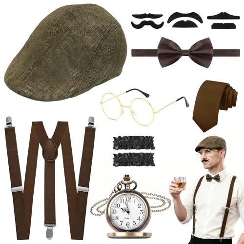 LUCKNIGHT Acessórios para homem dos anos 20, Gatsby acessórios para homem, 8 peças disfarce de homem, conjuntos de disfarces para festas temáticas, casamentos e Halloween (com chapéus e relógios de