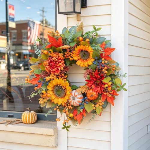 Image of 24 Inch Harvest Fall Wreaths for Front Door Outside with Sunflowers | Artificial Autumn Wreath with Pumpkins Berries Maple Leaves - Fall Door Wreath for Porch Entryway Thanksgiving Decor