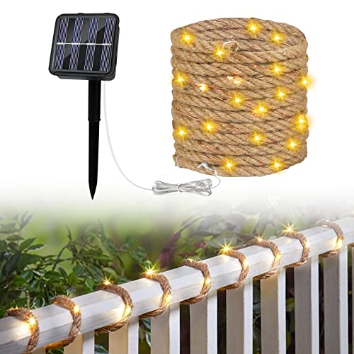 Cadena Luces Solares para Jardín, Cadena Luces IP65 con 100 LED para Decoración de Balcón, Terraza, Jardín, Exterior, Lámpara iluminada con Estrella Sisal 500 cm, Luz Decorativa Cuerda Blanca Cálida