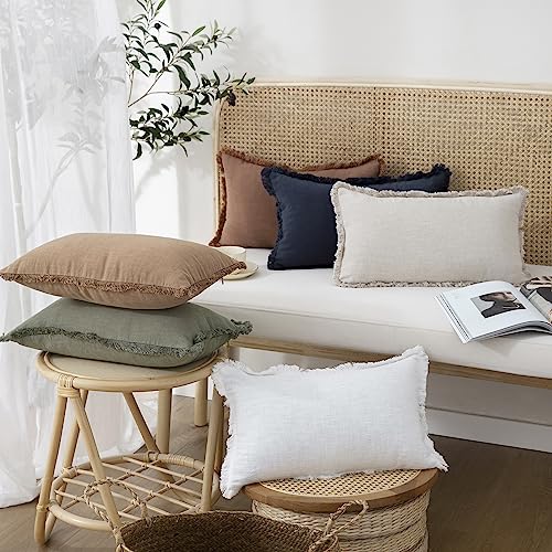 Image of Foindtower Set of 2 Decorative Linen Fringe Lumbar Throw Pillow Covers Boho Farmhouse Cushion Cover with Tassels Soft Accent Pillowcase for Couch Sofa Bed Living Room Home Decor,12x20 Inch,Olive Green