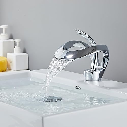 Miniatura 3 de Grifo de baño en cascada de 1 agujero, mango único, moderno, mezclado, agua fría y caliente, diseño elegante para fregadero (cromo pulido)